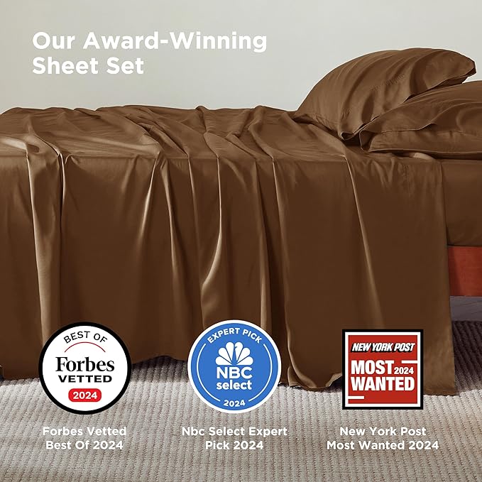 Bedsure King Size Sheets Set, Cooling Sheets for Hot Sleepers, Rayon Derived from Bamboo, Breathable & Soft, Deep Pocket Up to 16 Inches, Hotel Luxury Silky Bedding, Brown