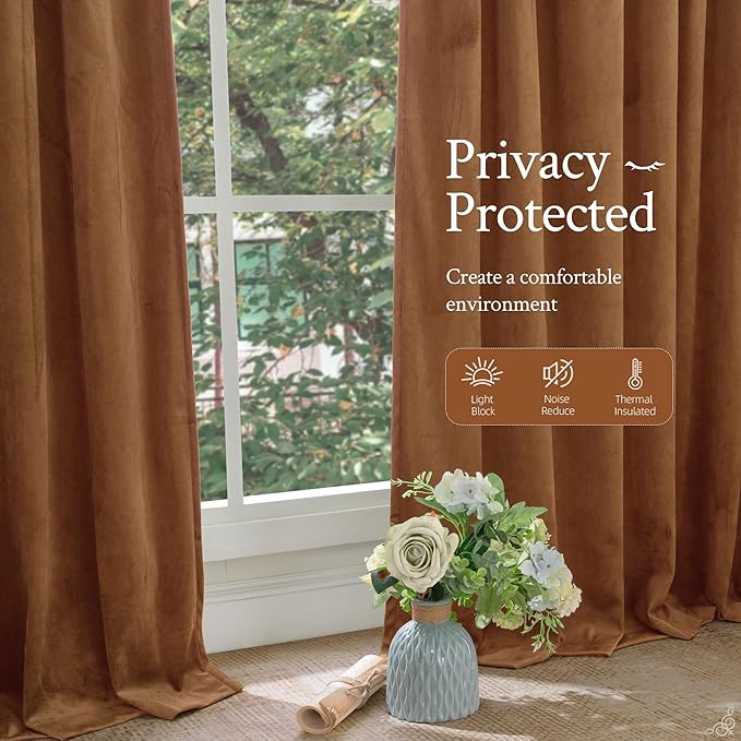 LAMIT Bronze Brown Velvet Curtains for Living Room 84 Inches Long, Luxury Thermal Blackout Drapes Mid Century Room Darkening Back Tab and Rod Pocket Panels for Bedroom, 2 Panels, 52 x 84 Inch
