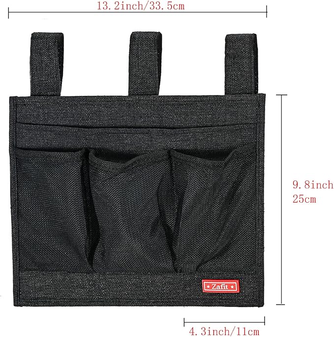 Linen Bedside Caddy, Bedside Storage Organizer for Hospital Beds, College Dorm Rooms or Baby Bed (Classic 4 Pockets Black)