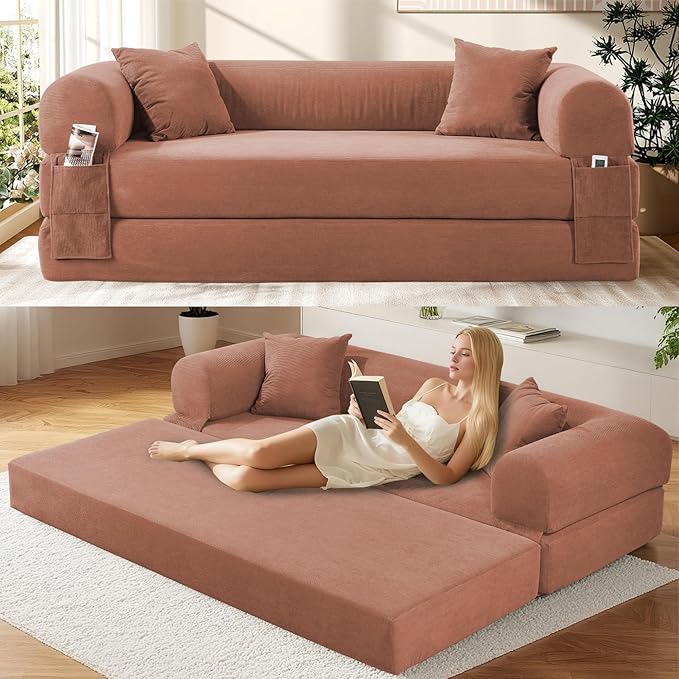 Convertible Futon Sofa Bed,80" Folding Pull Out Couch Bed with Storage,Queen Sleeper Sofa Bed,Compressed Couch in a Box,Corduroy Boneless Couches for Living Room,Pink