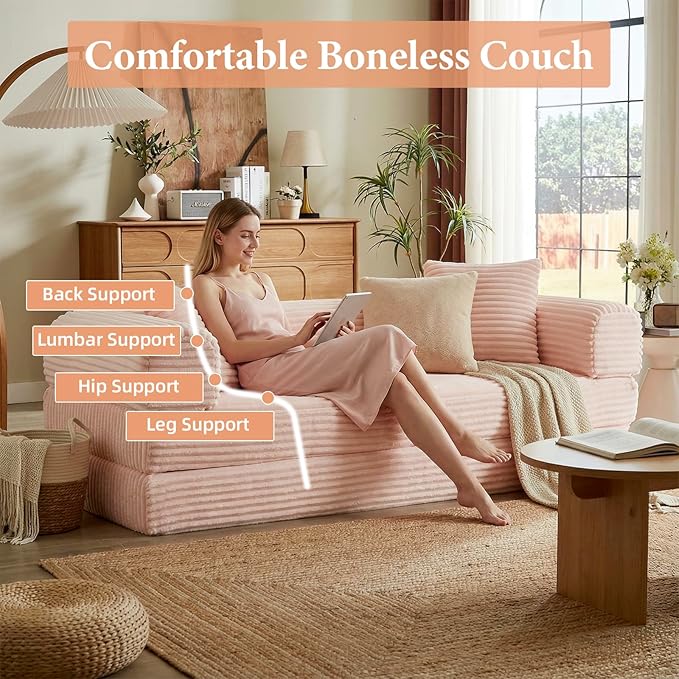 Convertible Futon Sofa Bed, Fold Out Floor Sofa Couch with Sleeper Sofa,Folding Boneless Couches with Deep Seat,Cloud Corduroy Foldable Mattress Couch for Living Room (Pink)