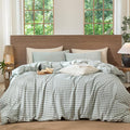 MooMee Gingham Duvet Cover Set 100% Washed Cotton Linen Like Textured Breathable Durable Soft Comfy Modern Checkered Design (Sage Green Gingham, Oversized Queen 98"x98")