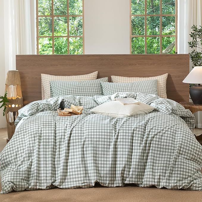 MooMee Gingham Duvet Cover Set 100% Washed Cotton Linen Like Textured Breathable Durable Soft Comfy Modern Checkered Design (Sage Green Gingham, Full 80"x90")