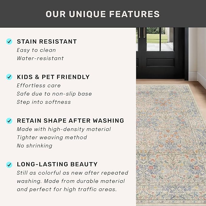 Washable Bathroom Runner Rug 2x6 - Long Runner Rugs for Laundry Room, Bedroom, 24 x 72 Kitchen Floor Mat - Non Slip Vintage Design Décor, Beige Blue