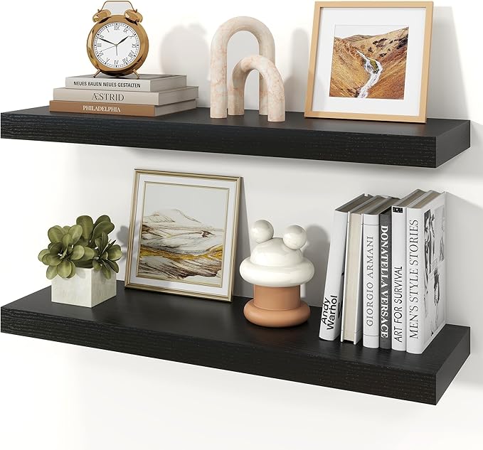 Floating Shelves for Wall, 9.3" Deep Wall Mounted Wood Shelves for Bathroom, Bedroom, Living Room, Kitchen, Hanging Shelf for Books/Storage/Room Decor (Black, 30")