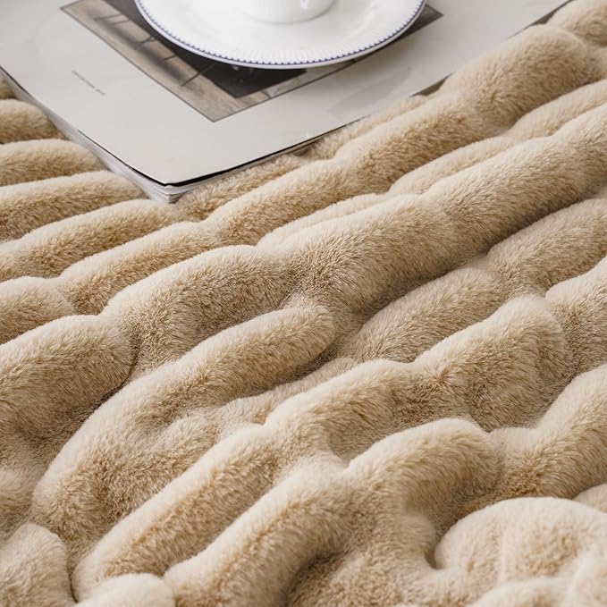 BATTILO HOME Luxury Faux Fur Throw Blanket for Couch, Cozy Plush Soft Blanket for Women, Double Side Ruched Rabbit Fur Blanket for Living Room, 50x60 Inches