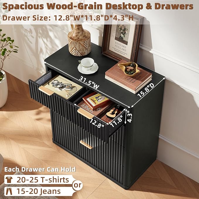 LEYAOYAO Fluted 5 Drawers Dresser for Bedroom, 34" Tall Modern Chest of Drawers with Metal Handle, Curved Profile Design,Black Wood Drawer Organizer for Bedroom, Living Room, Hallway, Entryway