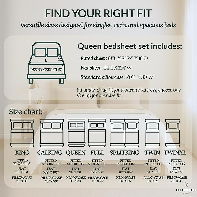 Cloud Scape Linen 100% Egyptian Cotton Sheets for Queen Size Bed, 400 Thread Count, 4 Pieces Bedding Set, Hotel Quality, Silky Soft, Deep Pockets up to 17”, Mineral