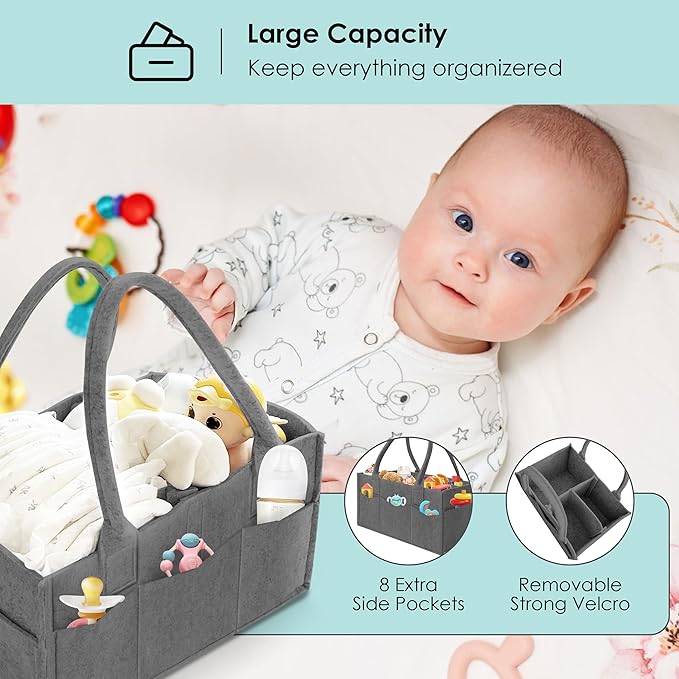 HIPHOP PANDA 2-Pack Diaper Caddy Organizer - Nursery Storage Bin & Car Organizer for Diapers, Wipes, and Baby Essentials - Dual-Color Solid Set (Dark Grey/Grey), Large Size