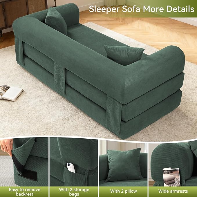 Convertible Futon Sofa Bed,80" Folding Pull Out Couch Bed with Storage,Queen Sleeper Sofa Bed,Compressed Couch in a Box,Corduroy Boneless Couches for Living Room,Light Green