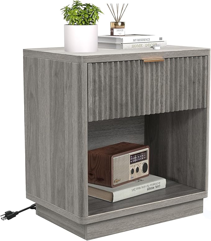 Miereirl Fluted Nightstand Charging Station, Wooden Vintage Night Stands Curved Corners Storage Cabinet for End Table with Metal Handle Drawers, Light Grey Oak