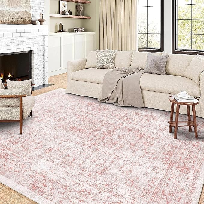 6x9 Area Rug, Ultra-Soft Washable Rug for Living Room, Dinner Room, Bedroom, Non-Slip Vintage Floral Rug, Indoor Carpet Large Area Rug, Pink