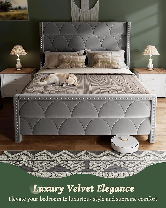 Queen Size Bed Frame with 56" Headboard - Velvet Upholstered Wingback Platform Bed Frame, Noise Free, Sturdy Wooden Slat Support (Deep Gray, Queen)