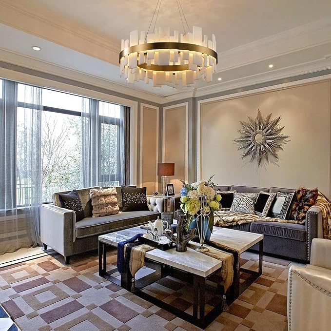 Alabaster Round Chandelier, Natural Spanish Stone Texture Chandeliers, 31.5" Adjustable Alabaster Chandelier Over Table for Living Room, Bedroom, Hallway – Modern Luxury Ceiling Lighting