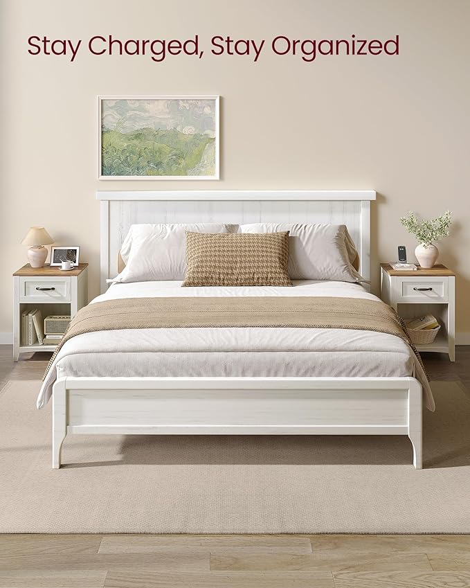 VASAGLE LIRY Collection - Farmhouse Nightstand with Charging Station, Bedside Table, Side Table with Drawer, Open Compartment, for Bedroom, Rustic White and Honey Brown ULET659K41