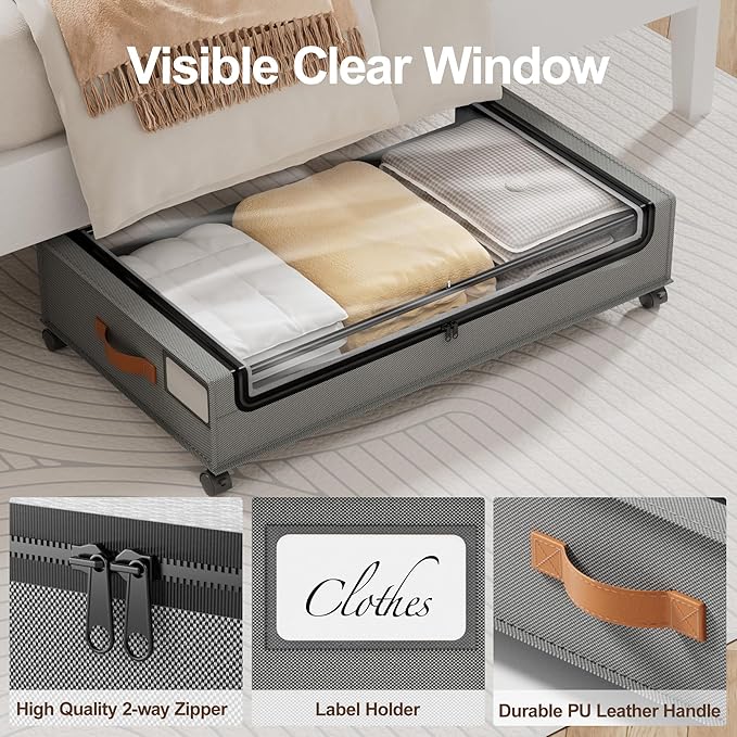 LAMU Under Bed Storage with Wheels, 2 Pack Under Bed Storage Containers with Clear Lid, XXL 60L Underbed Storage Bins, Rolling Under Bed Metal Drawers for Clothes, Blankets, Shoes, Grey