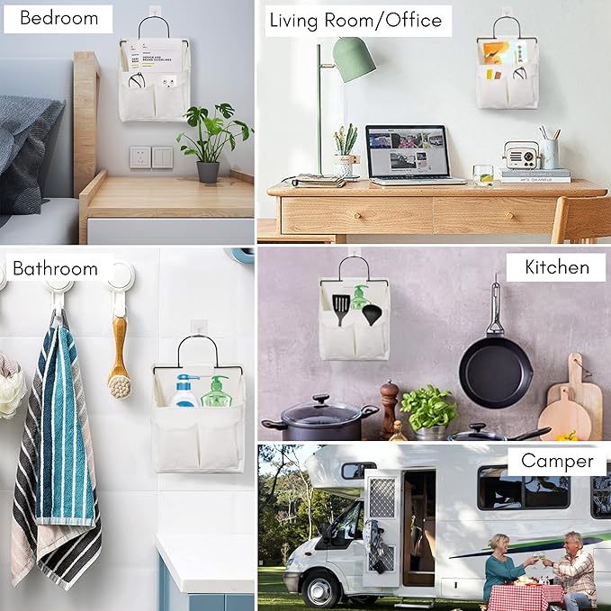Kanrichu 3pcs Small Wall Hanging Organizer Bag, Linen Fabric Door Hanging Storage Basket with Pockets, Waterproof Bin for Kitchen, Bedroom, Office, RV Camper (White)