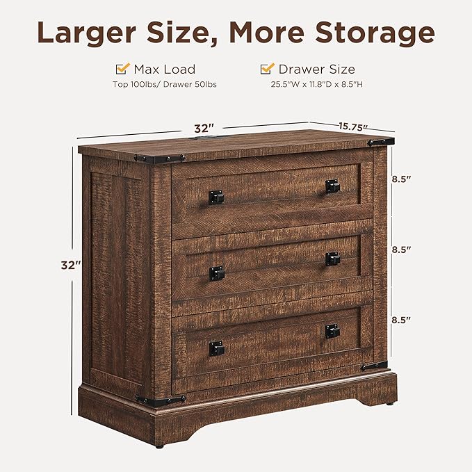 T4TREAM 32" Farmhouse Nightstand with Charging Station, Large End Table with 3 Storage Drawers, Rustic Wood Bedside Table for Bedroom, Living Room, Reclaimed Barnwood Color