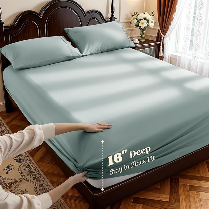 LBRO2M 1000 Thread Count 100% Egyptian Cotton Sheets Set King, 4 Piece Sets Bed Sheet Deep Pocket Sheet Set 16" Soft Comfortable All Season (King, Sage Green)