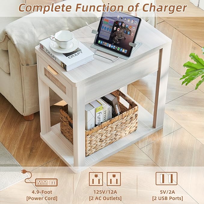 LEYAOYAO Narrow Side Table with Charging Station, Rattan Night Stand with Drawer Storage, Natural Wood Bedside End Table with Metel Handle for Small Spaces, Boho Nightstand for Living Room Bedroom