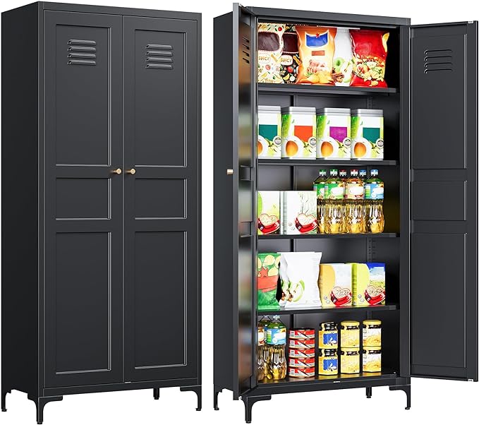 SISESOL Metal Storage Cabinet with Doors and Shelves,Black Storage Cabinet with Leg,Metal Pantry Cabinets,Ventilated Pantry Closet,Tall Large Cupboard for Home,Kitchen,Dining/Living/Laundry Room