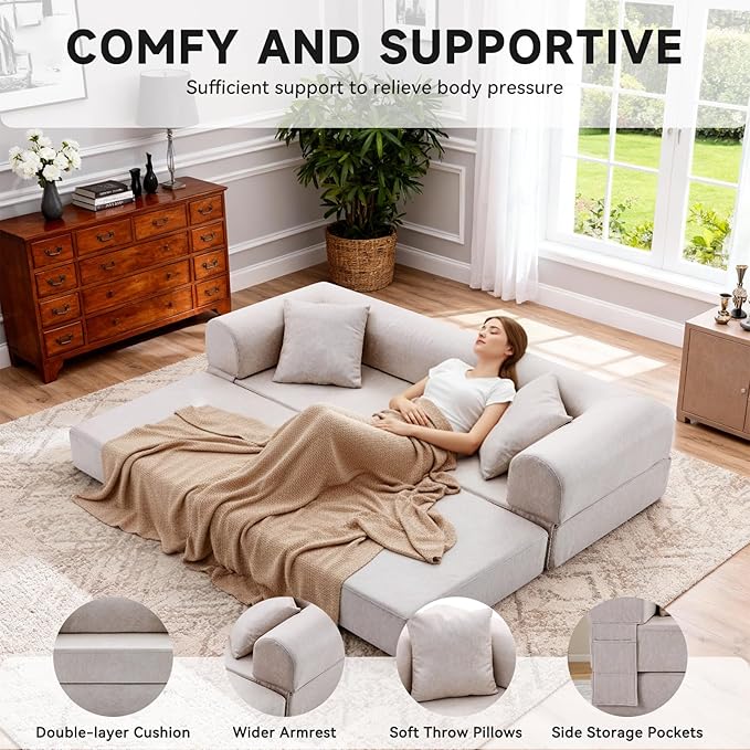 78.5" Convertible Sleeper Sofa Bed, Faux Leather Deep Seat Folding Floor Sofa with Pullout Bed & 2 Pillows, No Assembly Modern Boneless Couch Compression Sofa in Box for Living Room, Office, Beige