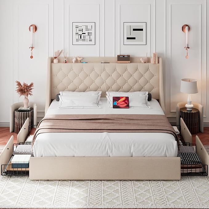 iPormis Full Size Bed Frame with 4 Storage Drawers, Upholstered Platform Bed Frame with Type-C & USB Ports, Wingback Storage Headboard, Solid Wood Slats, No Box Spring Needed, Beige