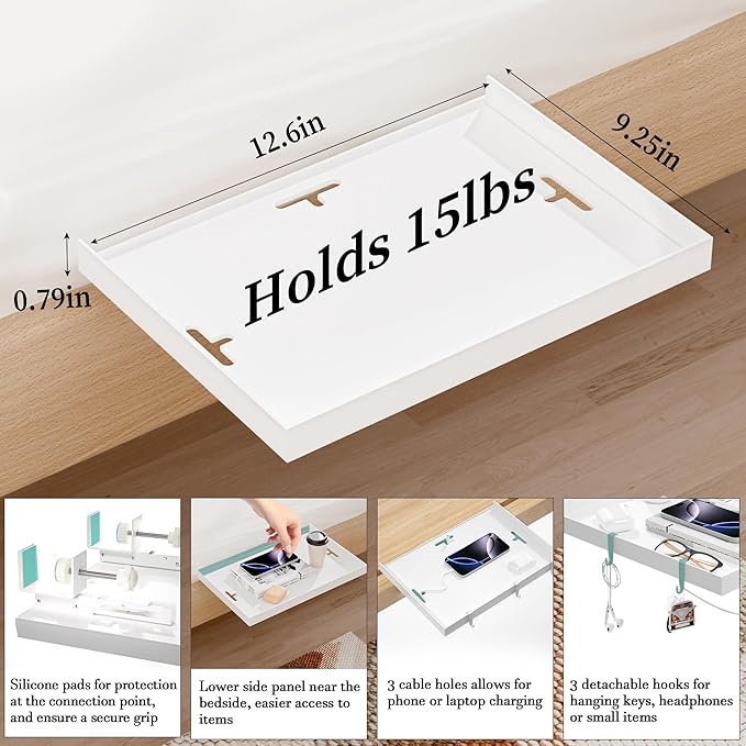 Foldable Bedside Shelf, Metal Clip-On Bed Tray Table for Bunk Bed & Dorm Beds, Dorm Room Essentials Organizer for College Students, Floating Tray, Space Saving Nightstand for Loft Beds (White, Small)