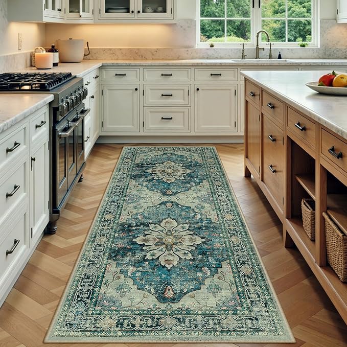 Area Rugs 3'x6' Washable Non-Slip, Floral Vintage Distress Print Pattern Medallion Carpet for Living Room Bedroom Dining Room, Dark Blue Vintage