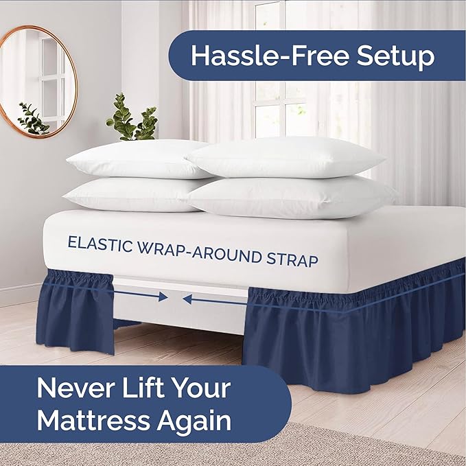 Wrap Around Dust Ruffle Bed Skirt - Navy Blue - Twin/Twin XL Size Beds with 24 Inch Drop - Elastic Strap - Adjustable Pleated Bedskirt with Brushed Fabric and Wrinkle Free - Women, Men, Kids & Teens