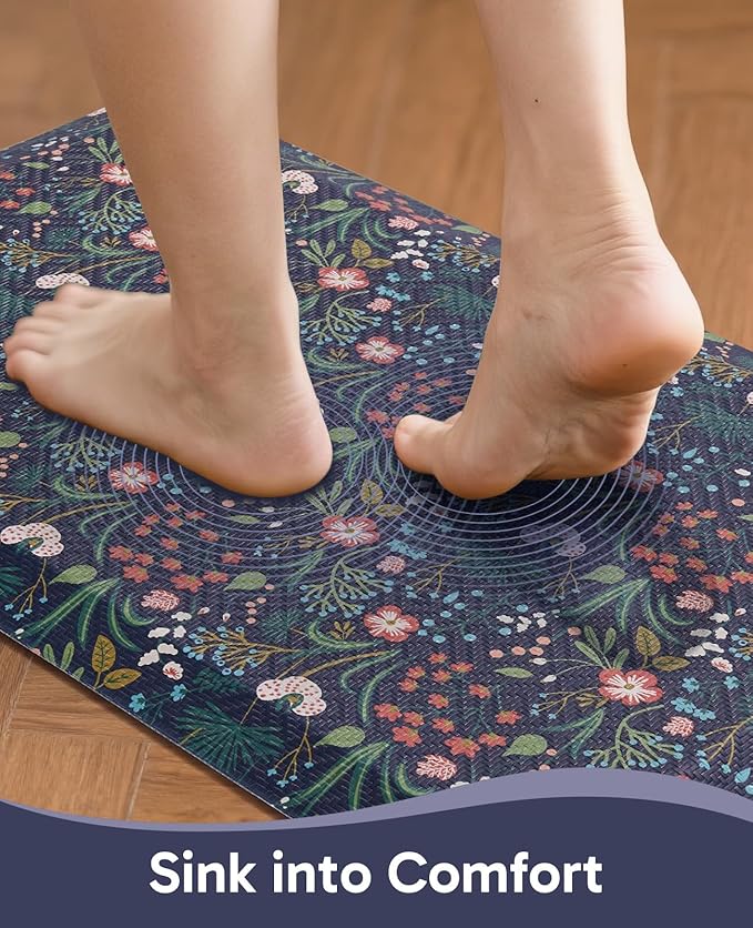Ophanie Kitchen Mats for Floor, 3/4 inch Thick, 20x32 Anti Fatigue Cushioned Mat, Kitchen Rugs, Waterproof, Comfort Ergonomic Standing Mat for Office, Home, Sink, Blue Flower Non-Slip Ridged Bottom