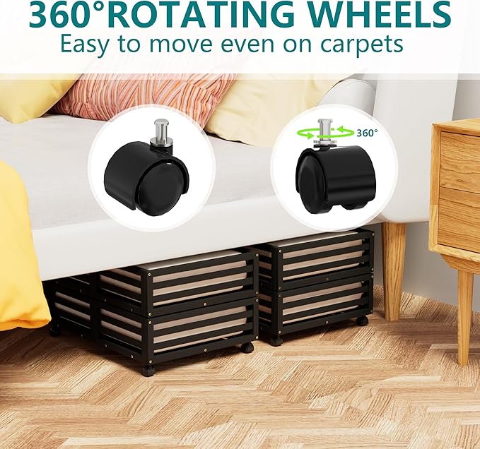 Wisuce Bamboo Under Bed Storage Containers- Underbed Organizer with Wheels with Large Dust Bag,Sturdy Wood Rolling Under the Bed Shoe Storage Organizer Drawer 2 Pack