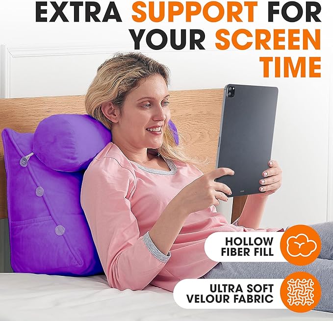 Cheer Collection Reading Wedge Pillow - Adjustable Wedge Reading Pillow with Neck Support, Hollow Fiber-Filled Backrest Pillow for Reading, Gaming, and TV Watching, Purple