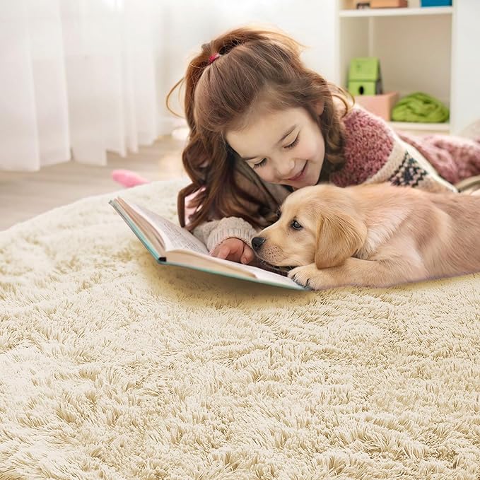 OLANLY Cream Round Rugs for Bedroom - Machine Washable, 7 ft Circle Area Rugs for Living Room, Soft and Fluffy Shaggy Carpet for Teen Girl and Boys, Nursery Rooms, Dorms, Home Decor Aesthetic