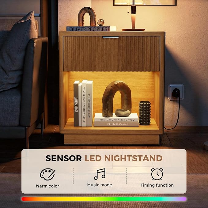 Miereirl Fluted Nightstands with Charging Station, LED Nightstand with Metal Handle Drawers, Natural-CP-1