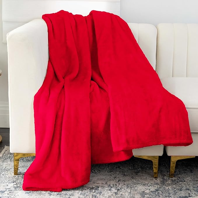 Nicole Miller Oversized Plush Fleece Throw Blanket – Ultra Soft, Lightweight & Cozy – 60" x 70" Warm Flannel Blanket for Couch, Bed & Travel – Machine Washable (Tomato-Red)