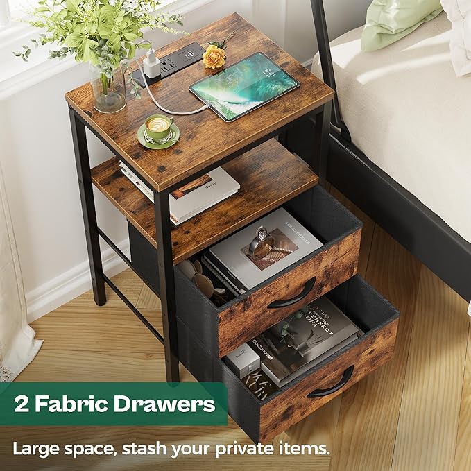 Huuger Nightstands Set of 2, End Tables with Charging Station, Fabric Drawers, Bedside Tables with USB Ports and Outlets, Night Stands for Bedroom, Rustic Brown