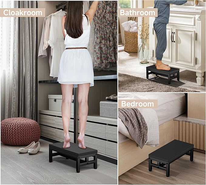 Y&M One Step Stool for Adults Kids, Adjustable Non-Slip Foot Stool with Sturdy Metal Frame, Bed Step for High Beds, Portable Step for Kitchen, Bathroom, Bedroom, Living Room – Black