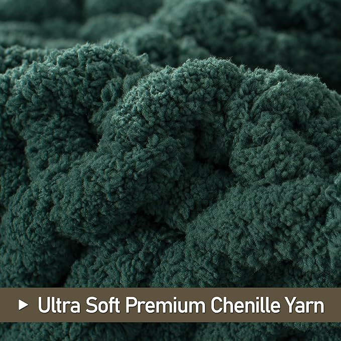 Chunky Knit Throw Blanket 50"X 60", 100% Handmade with Soft Chenille Yarn, 4.4lbs Thick Cable Knitted Blankets, Large Rope Knot Crochet Throws for Couch Sofa Bed Home Decor, Dark Green