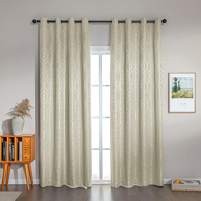 Amazon Basics Jacquard 2-Piece 100% Blackout Curtains, Living Room and Bedroom Drapes, Thermal Insulated Window Treatment, 52"x95", Beige