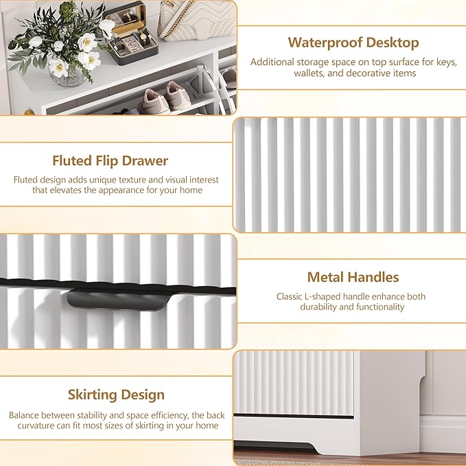Shoe Cabinet Storage for Entryway with 4 Flip Drawers, White Fluted Shoe Cabinet with Adjustable Shelves, Wooden Hidden Shoes Rack Freestanding Narrow Slim Shoes Storage for Hallway, Entrance