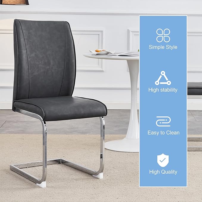 Dining Chairs Set of 4,Faux Leather Dining Chairs,Upholstered Kitchen Chairs with High Back,Modern Armless Side Chairs with Sturdy Chrome Plated Metal Legs for Living Room(Grey,4)