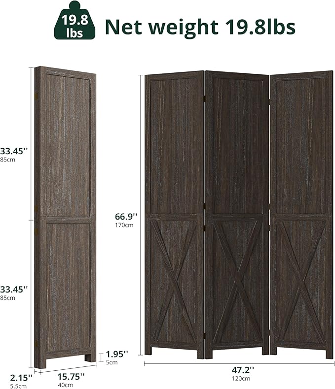 Cozy Castle Wood Room Divider, 3 Panels Folding Privacy Screen, 66.9'' Wall Divider, Barnwood Room Separator, Freestanding Partition, Temporary Wall for Decorative, Rustic Brown