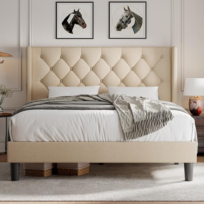 iPormis Queen Platform Bed Frame with Button Tufted Headboard, Upholstered Bed Frame with Solid Wooden Slats, 8" Under-Bed Space, No Box Spring Needed, Easy Assembly, Noise Free, Beige