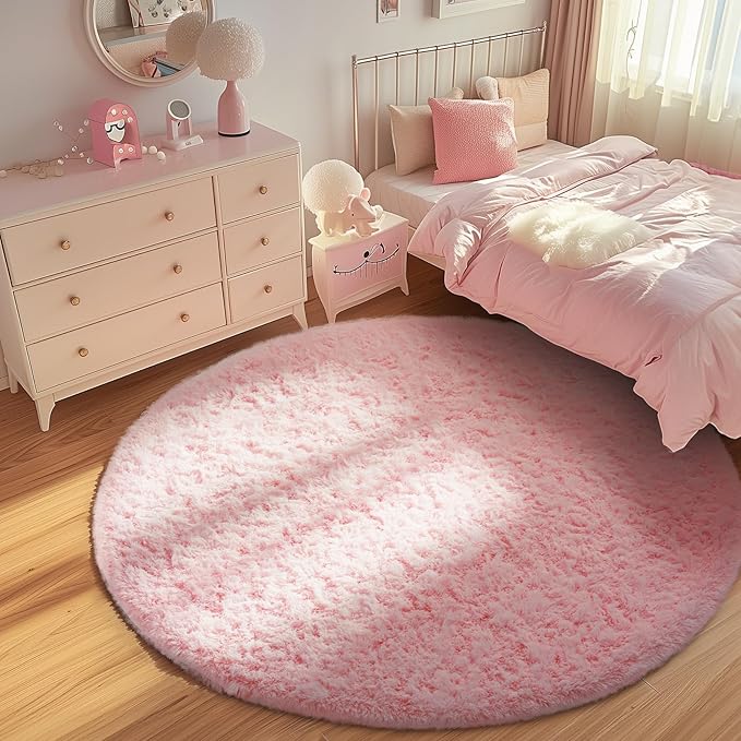 Ophanie Round Rugs 6Ft Pink Circle Area Rug, Fuzzy Bedroom Carpet, Large Shag Plush Floor Kawaii Christmas Living Room Rugs 6 foot,Cute Room Decor for Kids Teen Girls Baby Home Decor Aesthetic,Nursery