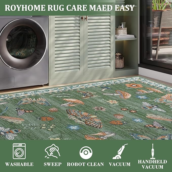 Mushroom Insect 7ft Round Rug Washable Non-Slip Soft Ultra-Thin Large Boho Circle Carpet for Entryway Kitchen Bedroom Nursery Dining Room Green