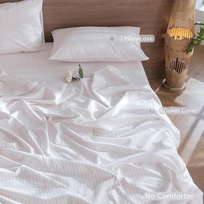 MooMee Striped Duvet Cover Set 100% Washed Cotton Linen Like Textured Breathable Durable Soft Comfy (White Heathered Greyish Pink Wide Stripes, Twin 68"x90")