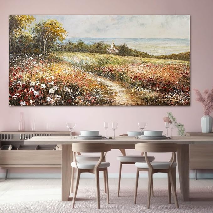 YETHEN WAL Floral Country Meadow Canvas Wall Art – Extra Large Cottage Landscape Panoramic Print, Rustic Farmhouse Countryside Décor for Living Room Bedroom, 29×58 Inch