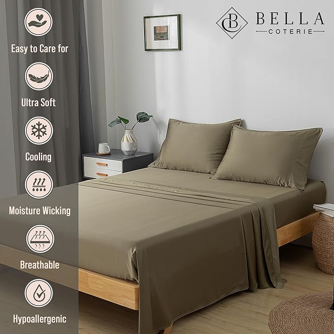 Bella Coterie Luxury Bamboo Viscose Twin Size Sheet Set | 100% Organically Grown | Ultra Soft | Cooling for Hot Sleepers | 18" Deep Pocket [Olive]