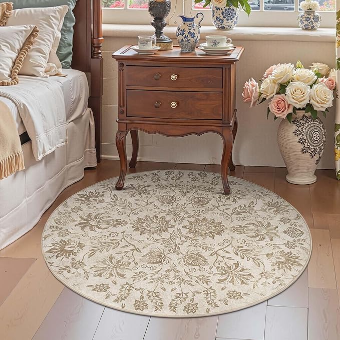 jinchan Torino Classic Floral Round Rug 4ft, Vintage-Inspired Neutral Design 4’Circle Rug, Machine Washable Ultra-Thin Low-Pile Non-Slip Indoor Carpet for Bedroom Living Room Entryway Taupe